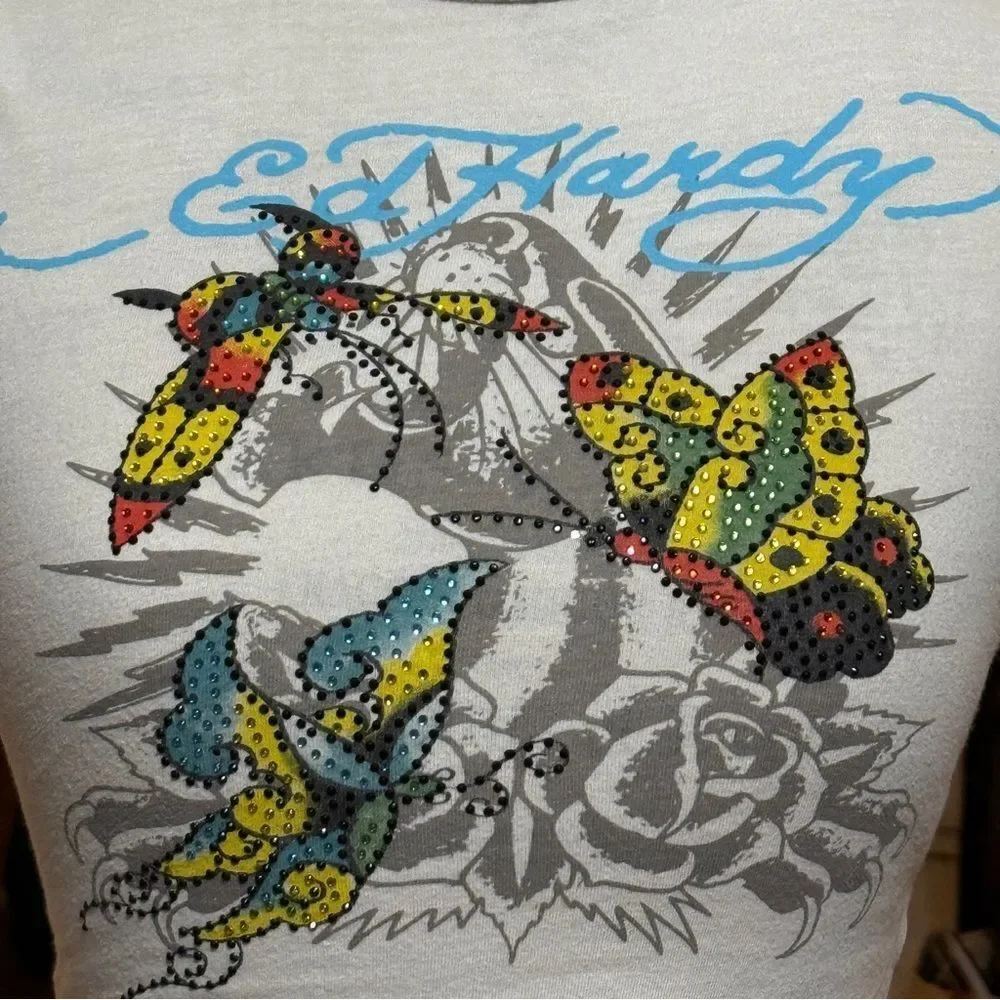 Ed Hardy True Eagle Rhinestone Natural Crop T-Shirt Cream Size Small